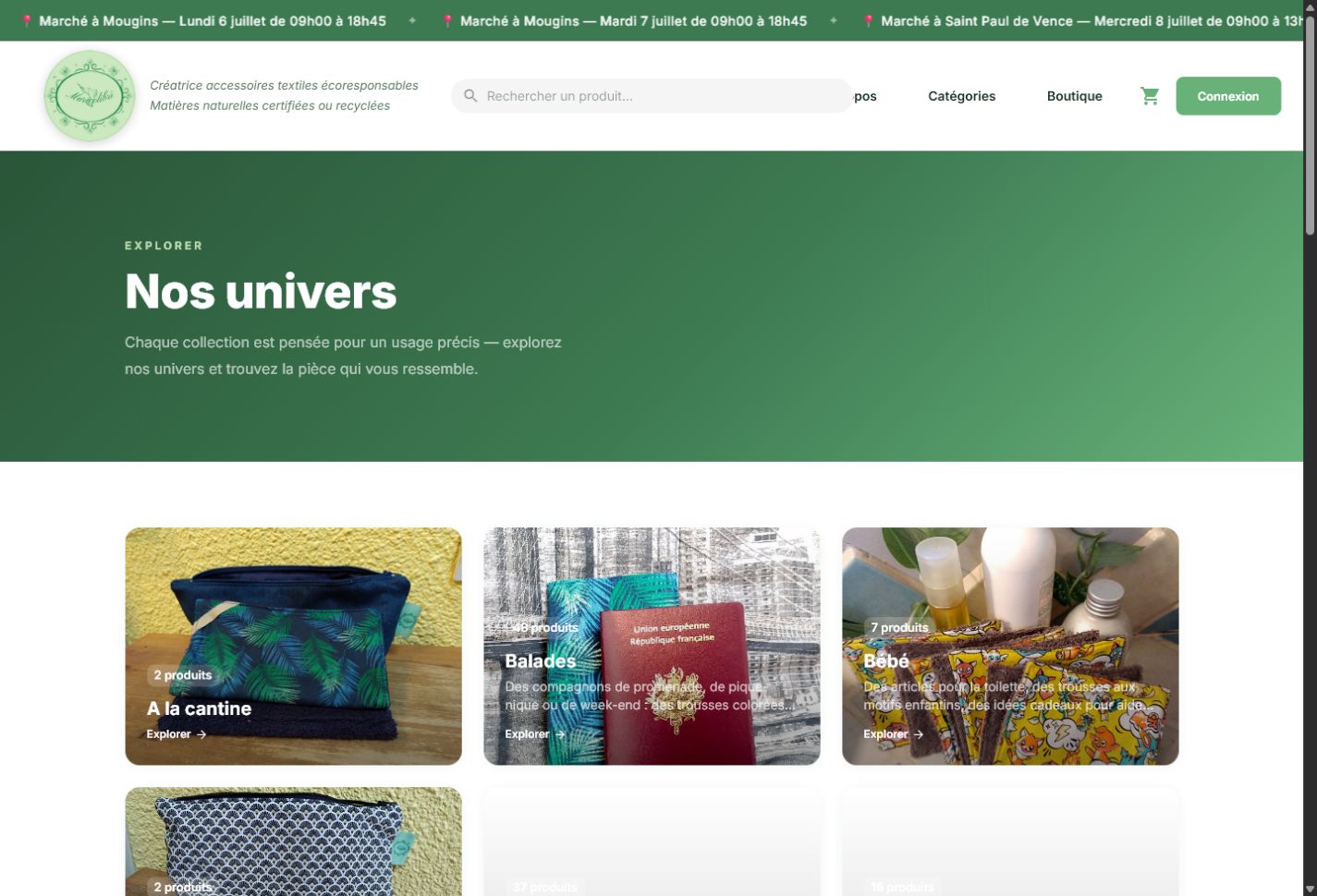 Page catégories Maricolibri présentant les univers de produits artisanaux