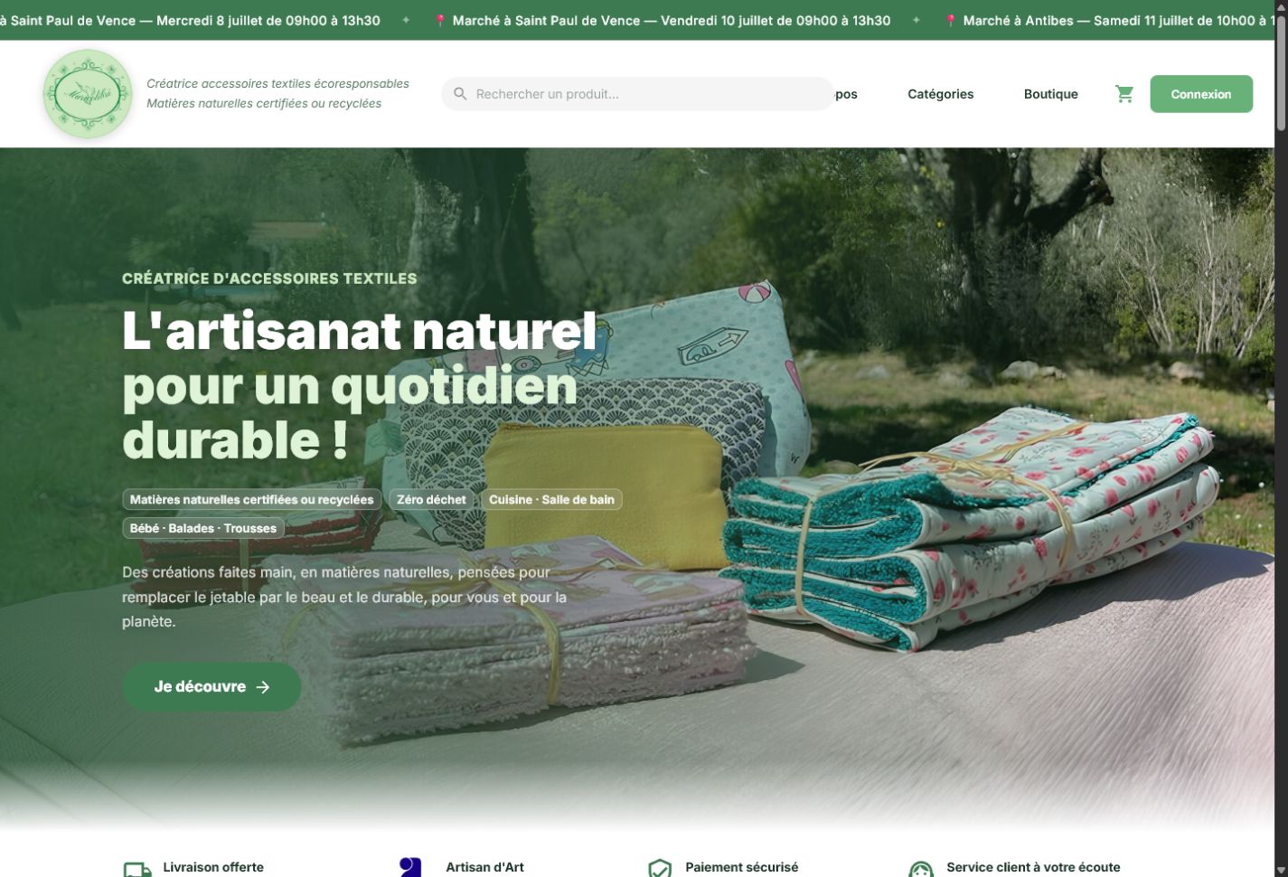 Page d’accueil Maricolibri avec hero e-commerce pour accessoires textiles écoresponsables