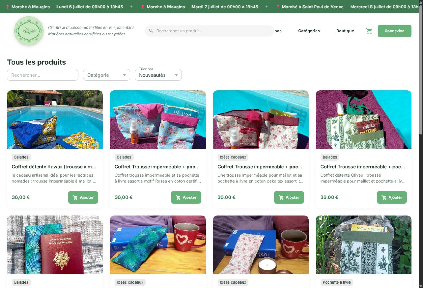 Catalogue produits Maricolibri avec cartes produits, prix, catégories et boutons d’ajout au panier