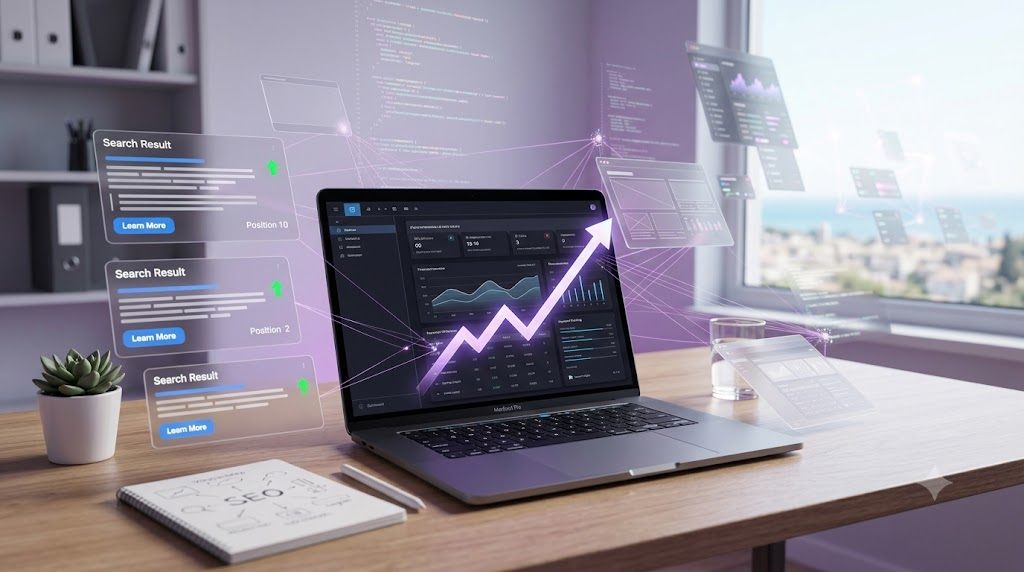 Espace de travail avec ordinateur portable, tableau d’analyse et éléments visuels de croissance SEO