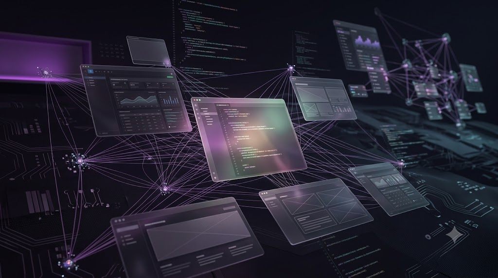 Visualisation abstraite de développement d’application web avec interfaces, API et connexions techniques